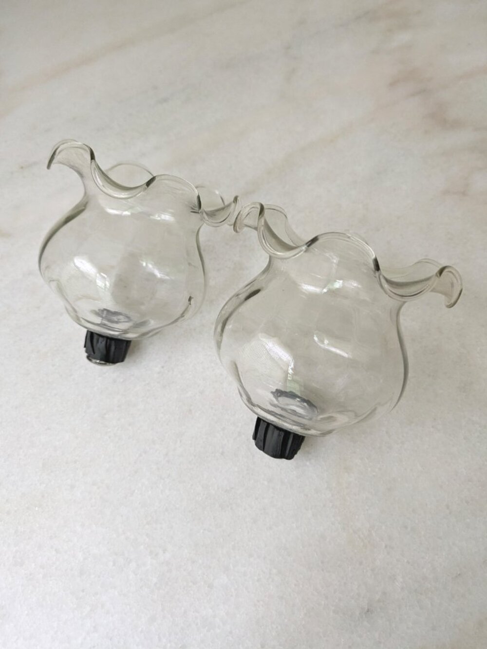 2 vtg clear glass ruffle votive peg cups pair